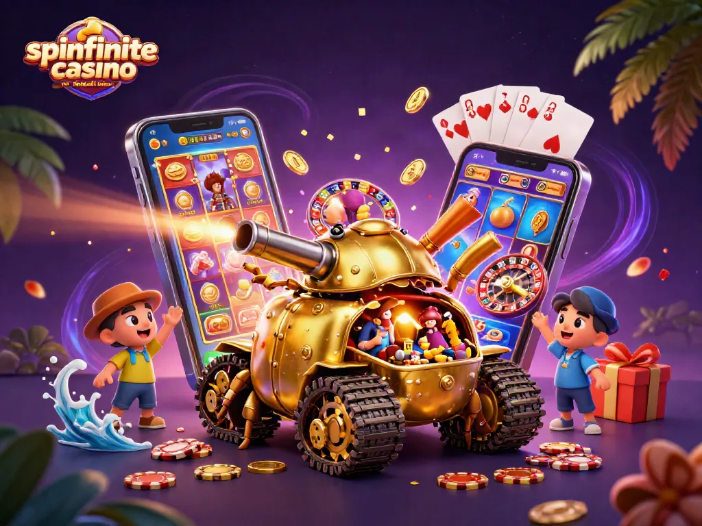Engage with promotional Spinfinite casino no deposit bonus, featuring vibrant slot game and dynamic gold coins.