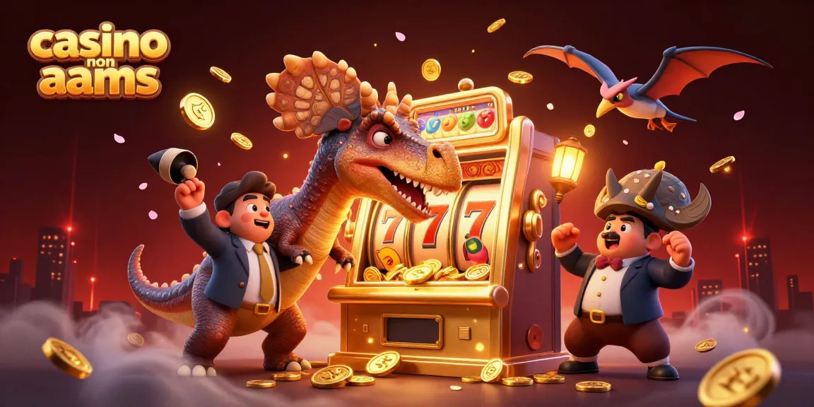 Illustrazione 3D di un pachicefalosauro che colpisce una slot machine d'oro, rappresentando un'azione di vincita nel casino non aams.