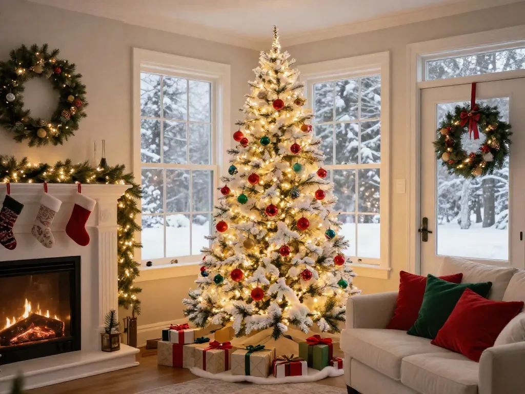 A beautifully decorated white artificial Christmas tree in a cozy living room with holiday decorations.
