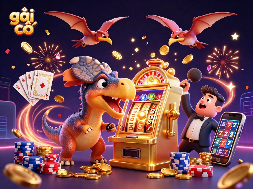 Hình ảnh gái gọi trong một sòng bài với trò chơi slot máy đang nổ thưởng và đồng xu vàng bay đầy trời.
