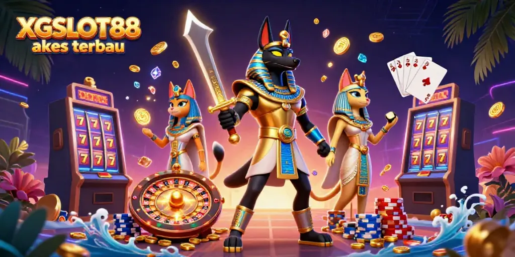 XGSLOT88 akses terbaru, Anubis dan Bastet menghidupkan suasana kasino dengan slot dan permainan kartu yang meriah.