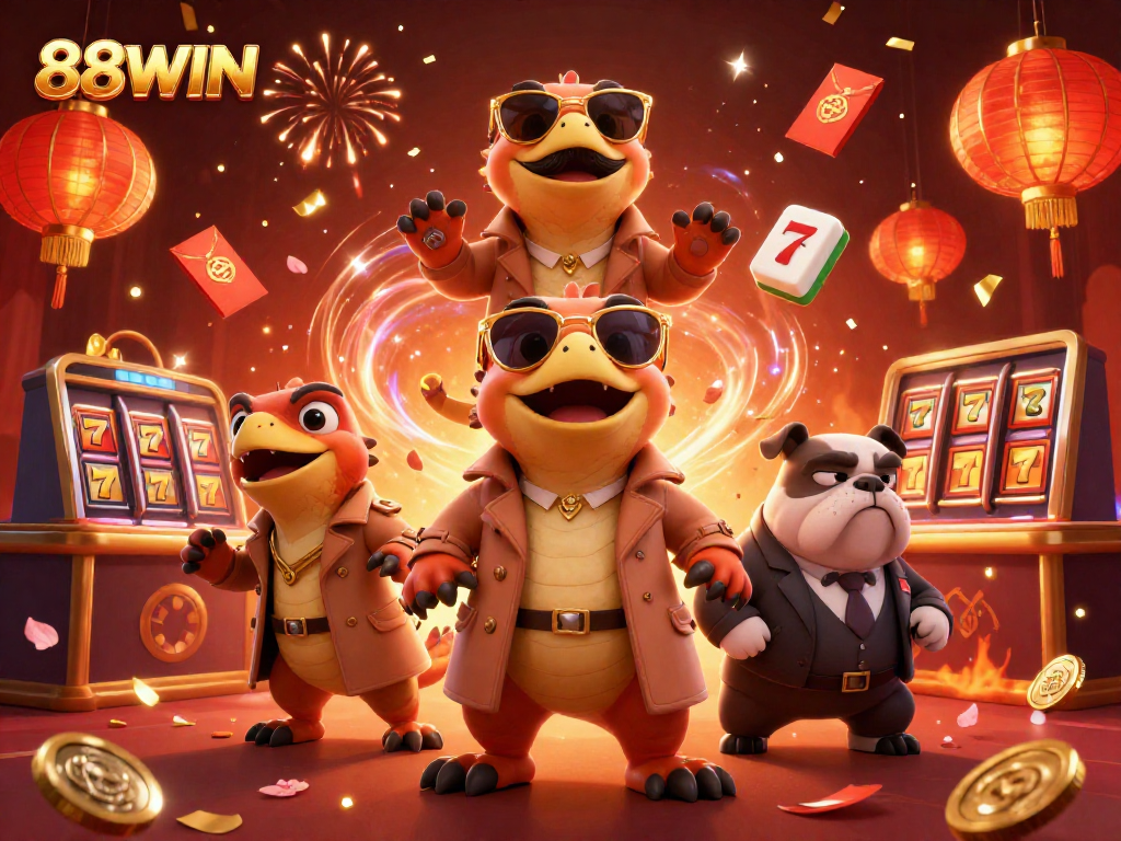 Experience thrilling slots action with 88WIN in a vibrant casino scene featuring playful raptors.
