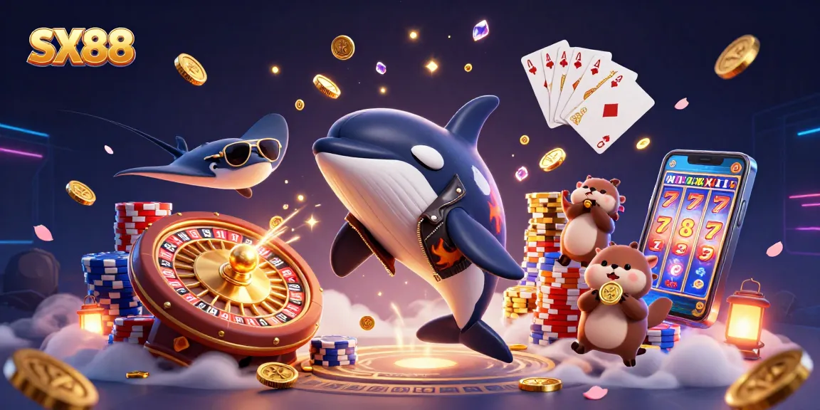 SX88 orca whale in a biker jacket jumping in a vibrant casino scene with coins and games