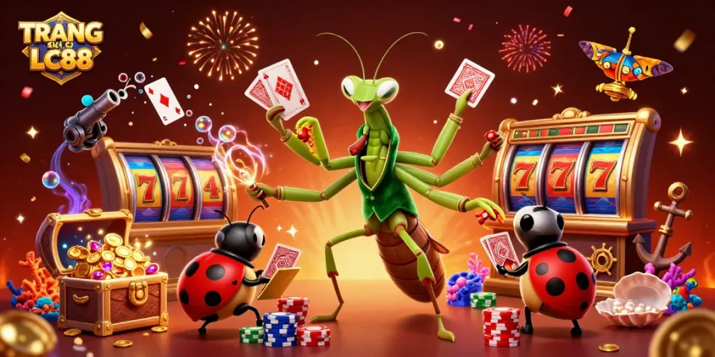Join the excitement at TRANG CHỦ LC88 with vibrant slot reels, gold coins, and engaging characters!
