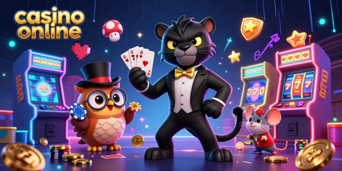 El casino online cobra vida con un pantera elegante, un búho y un ratón, rodeados de emocionantes elementos de juego.