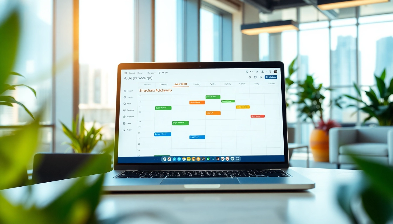 Efficient interface to reduce scheduling time AI with automated calendar tools in a bright office setting.