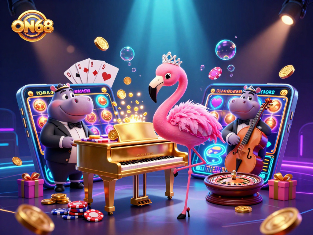 Experience the thrill of ON68 with vibrant 3D casino elements, showcasing exciting games and entertainment.