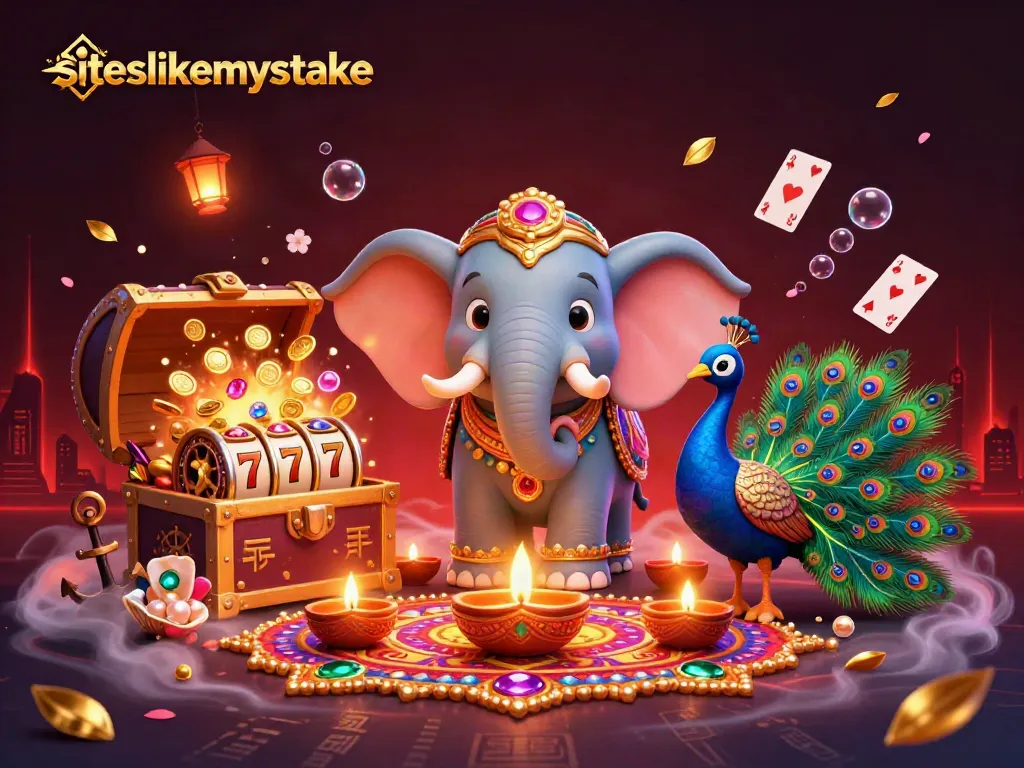 Play slots like siteslikemystake with a vibrant 3D illustration showcasing Diwali-themed elements.
