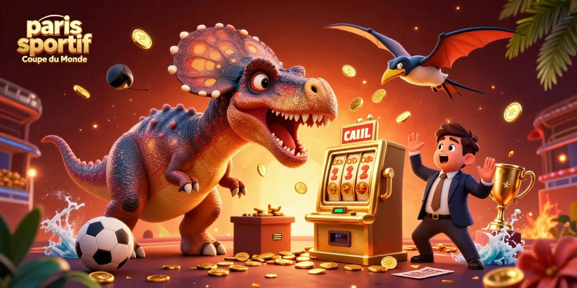 Le pachycephalosaurus jouant au paris sportif Coupe du Monde avec une machine à sous, illustrant l'excitation des paris sportifs.