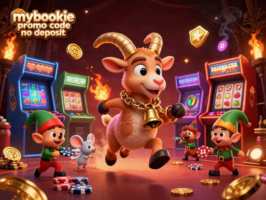 Engage with mybookie promo code no deposit in a festive casino scene featuring Krampus, an angel mouse, and gremlins.
