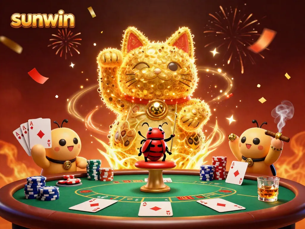 Experience the thrill of sunwin with a dynamic illustration of a lucky cat and casino elements.