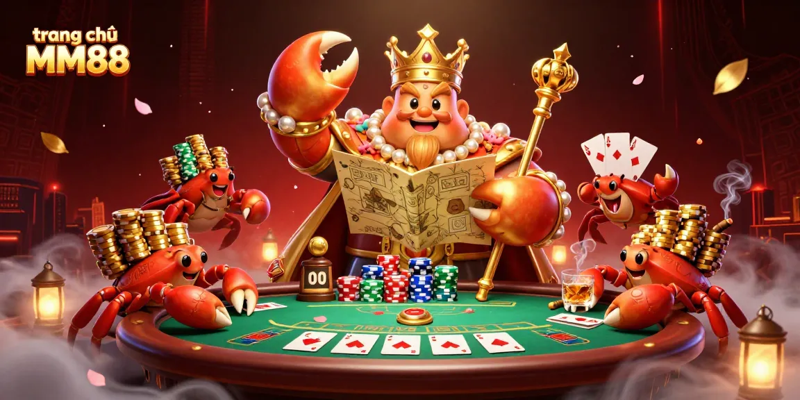 Engage in excitement at trang chủ MM88 with the golden crab emperor, poker chips and dynamic visuals.