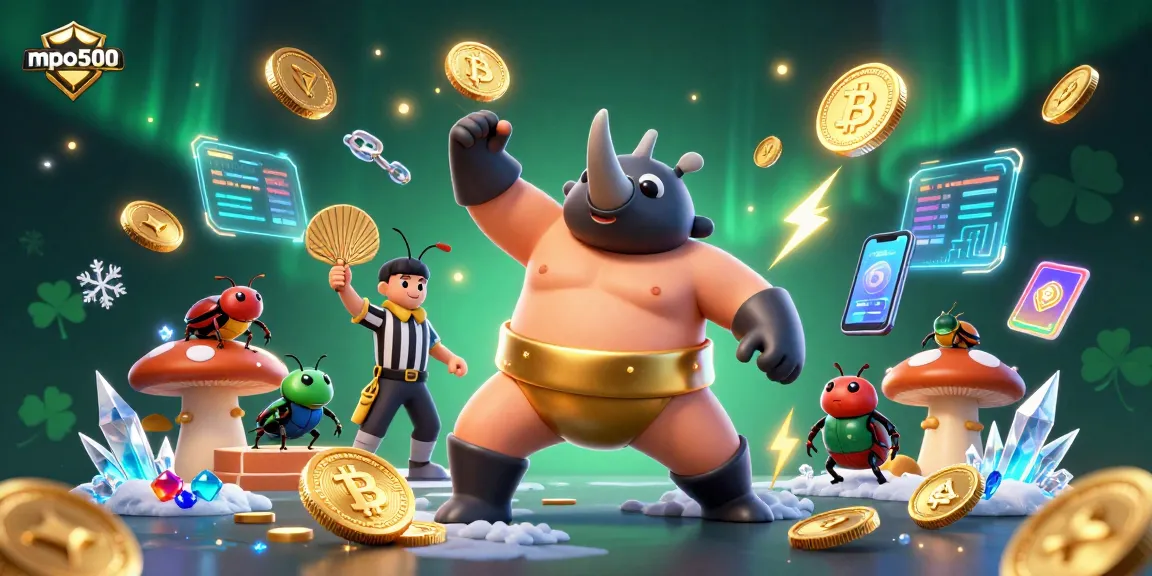 Engage with thrilling games at mpo500, featuring a vibrant scene of dynamic characters and digital gambling elements.