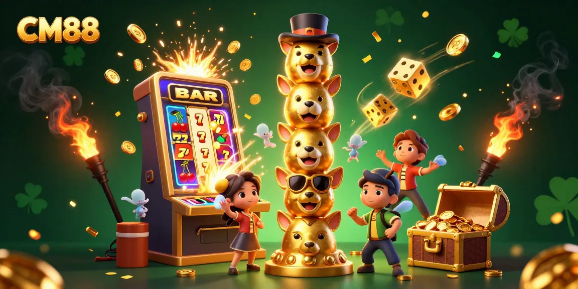 CM88 inspires excitement with a vibrant jackpot scene bursting with gold, slots, and animated characters.
