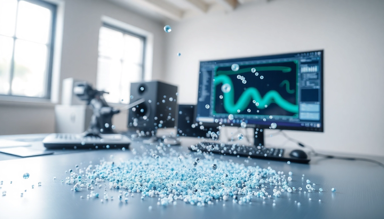 Visual representation of Discrete Element Modeling simulation with interacting particles.