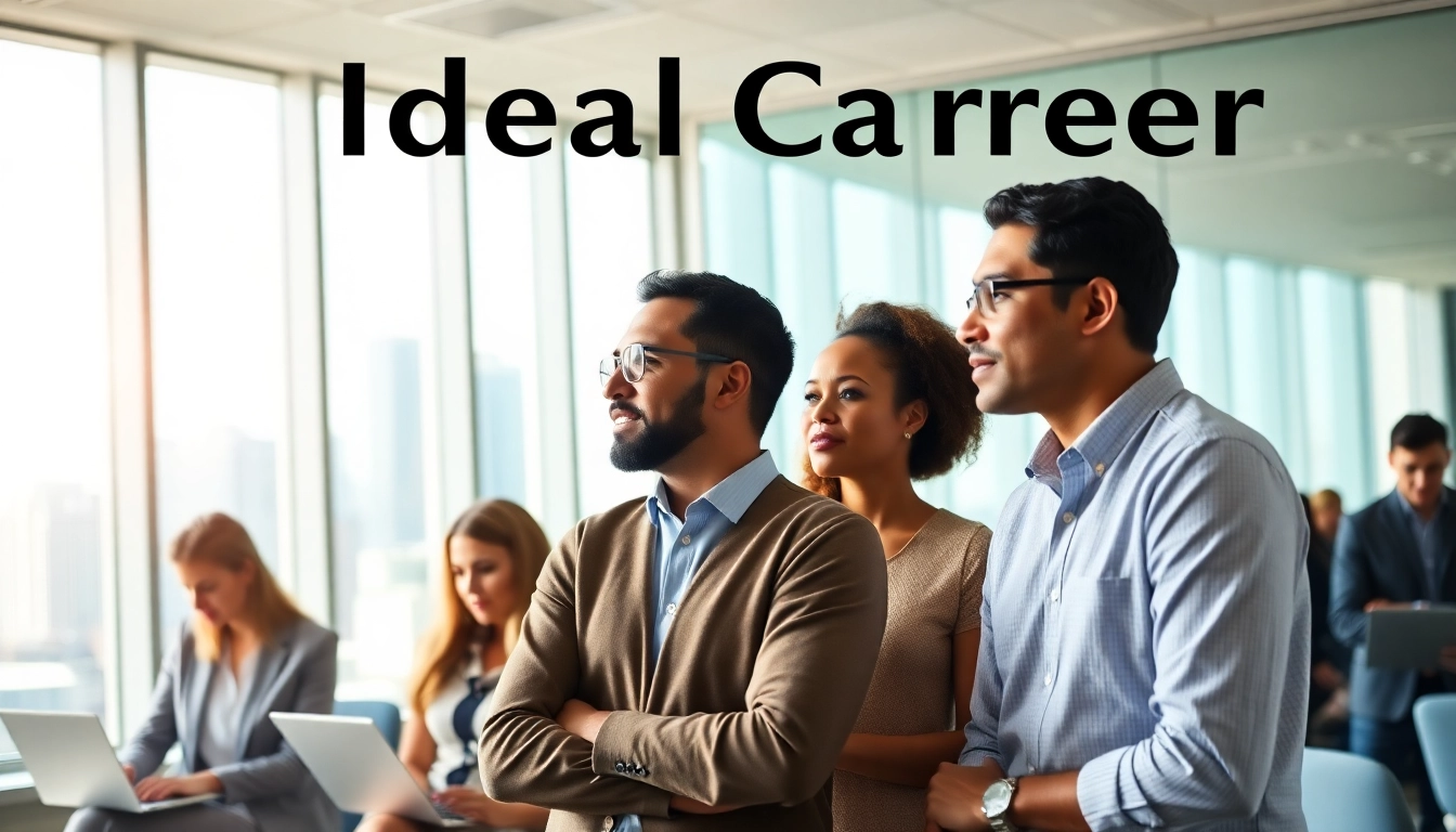 Visual representation of professionals discussing their Ideal Career options in a bright, collaborative office.