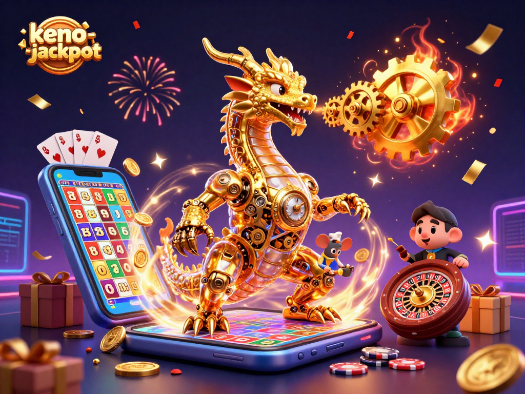 Engage exciting keno jackpots with a 3D golden dragon and vibrant game elements!