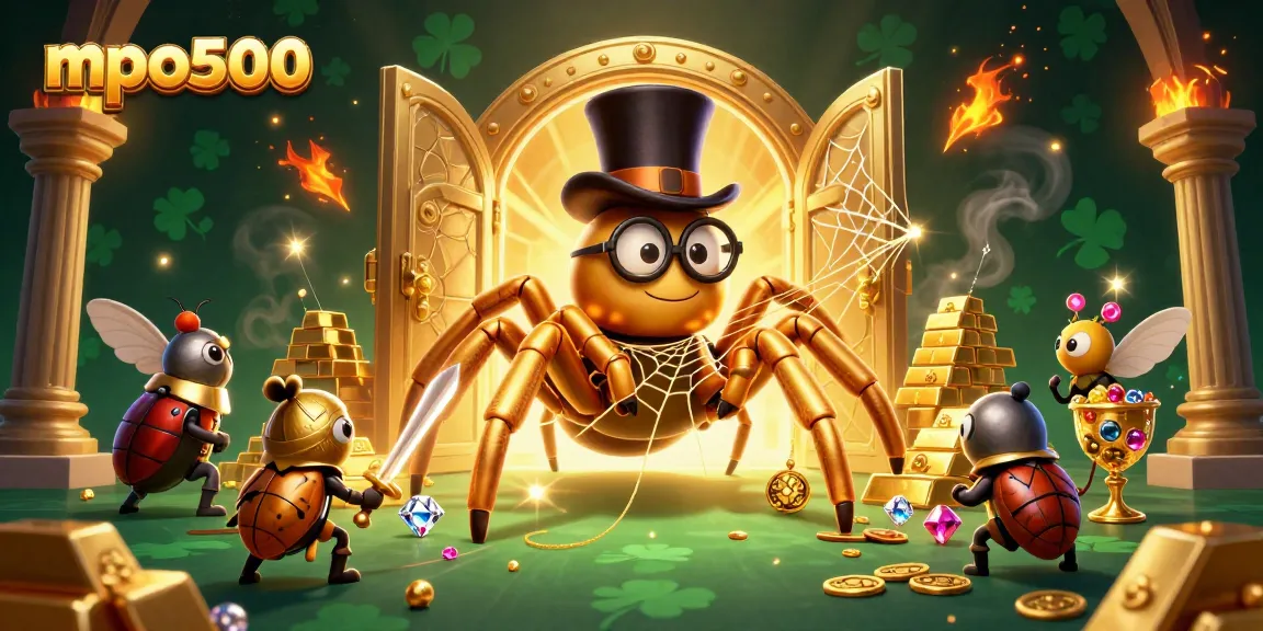 MPO500 showcases a dynamic illustration with a giant tarantula and brave beetle knight amidst casino treasures.