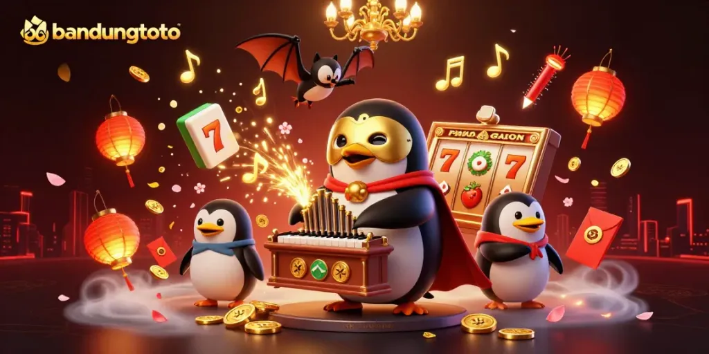 Experience the excitement of bandungtoto with vibrant scenes of wins and gaming symbols.