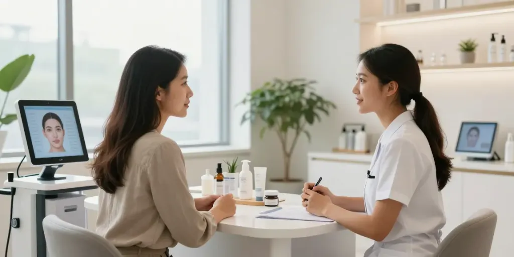 Alternatives to QOVES highlighted in a modern beauty consultation with aesthetics specialist.