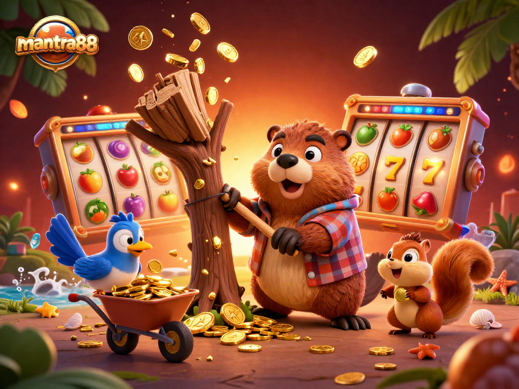 Experience thrilling wins at mantra88 with vibrant slot reels and playful animal characters in an exciting casino scene.