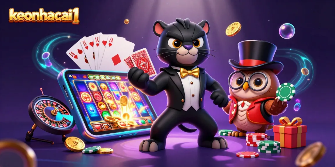 Join the excitement of keonhacai1 with a stylish panther, wise owl, and lucky mouse in a dynamic casino setting.