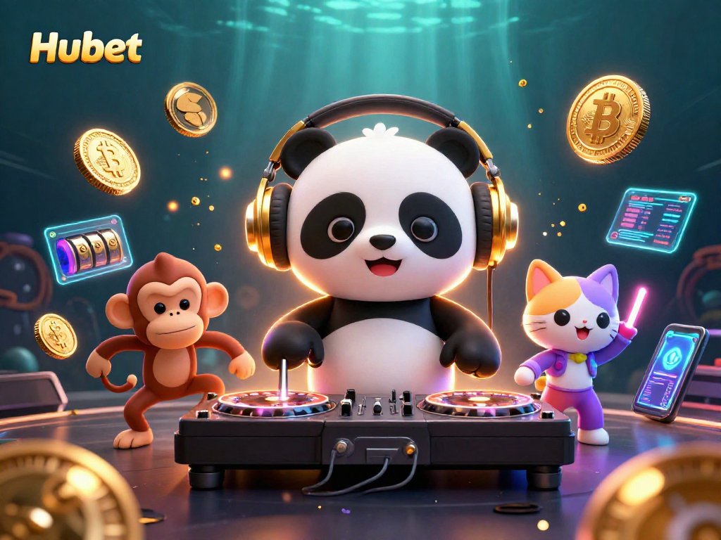 Experience the thrill of Hubet with a lively casino scene featuring a DJ panda and breakdancing monkey.
