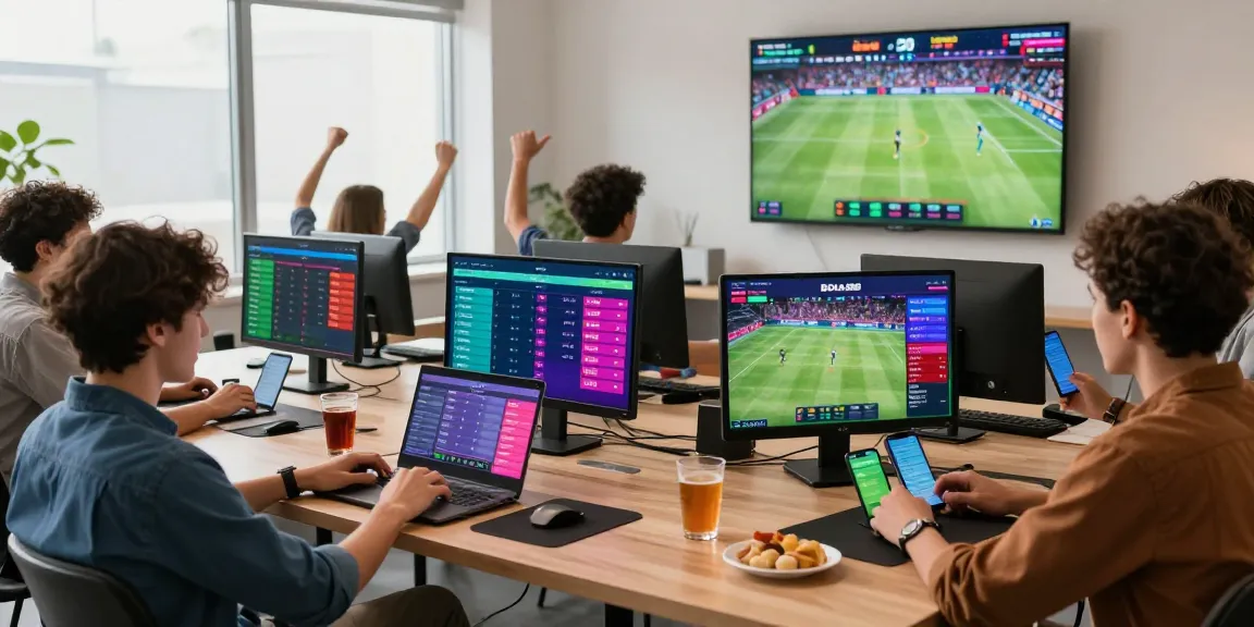 Bola88 offers an engaging digital sports betting experience with diverse players excitedly interacting with technology and live sports events.
