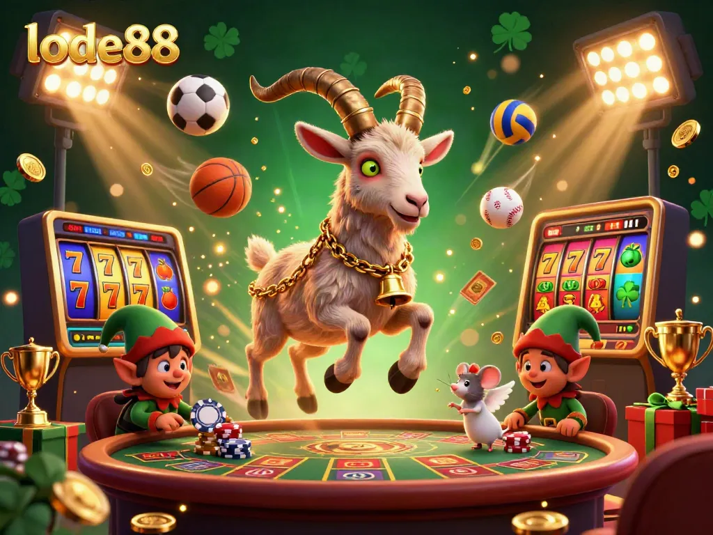 Engage with lode88 in a lively casino scene featuring Krampus, an angel mouse, and naughty gremlins.