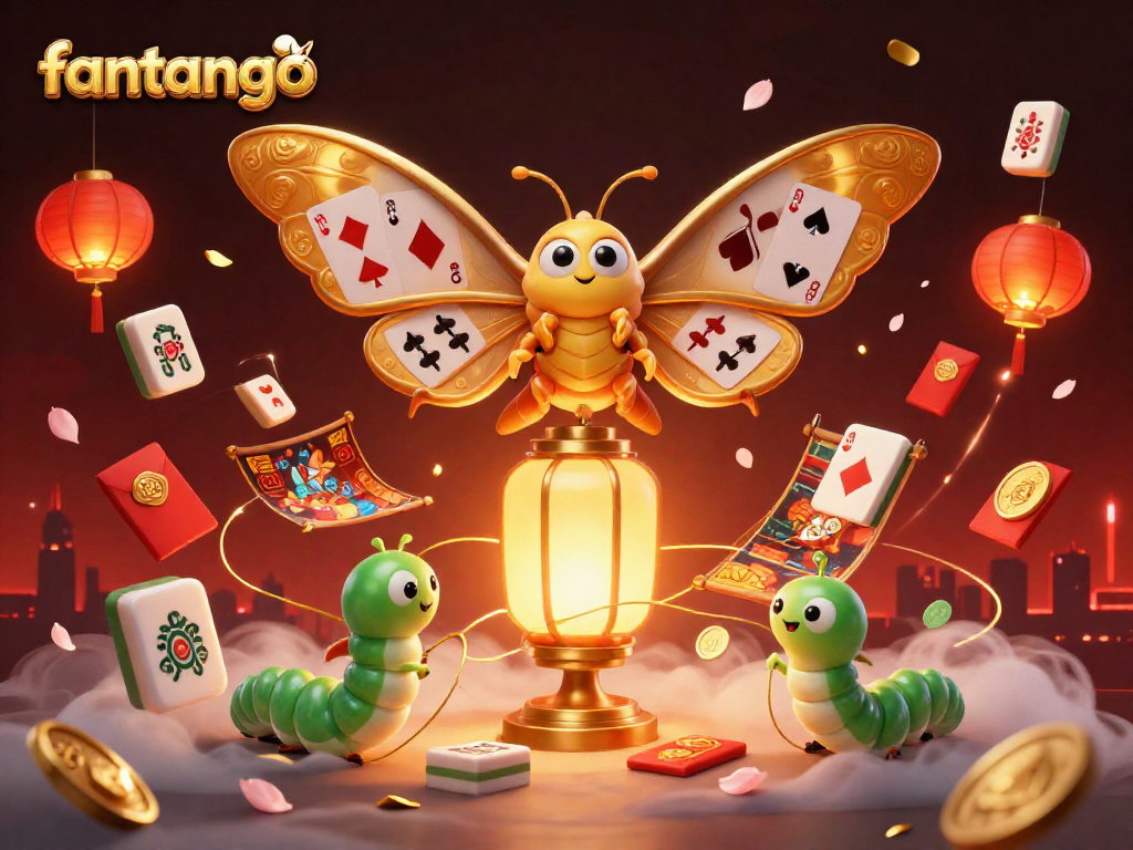 Play and win with fantango, illustrated with vibrant casino scenes and golden moths!