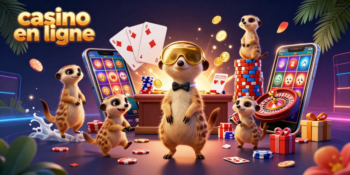 Profitez d'une scène dynamique dans un casino en ligne avec des suricates jouant et des machines à sous scintillantes.