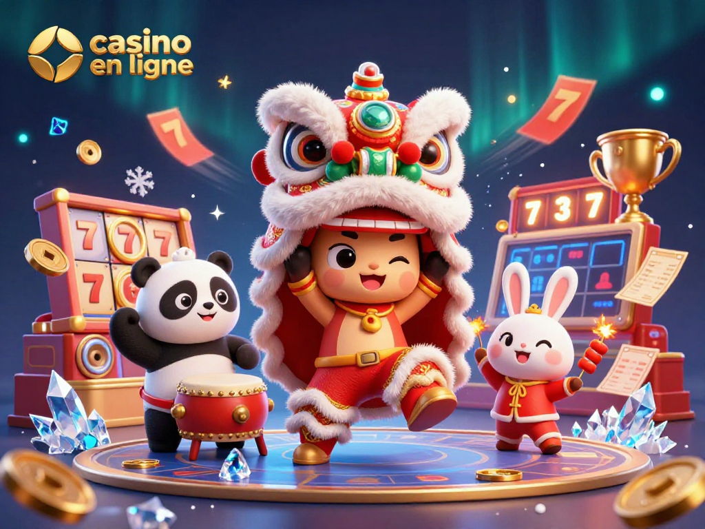 Jouer au casino en ligne avec un lion dansant, un panda et des billes d'or dans un décor flamboyant.
