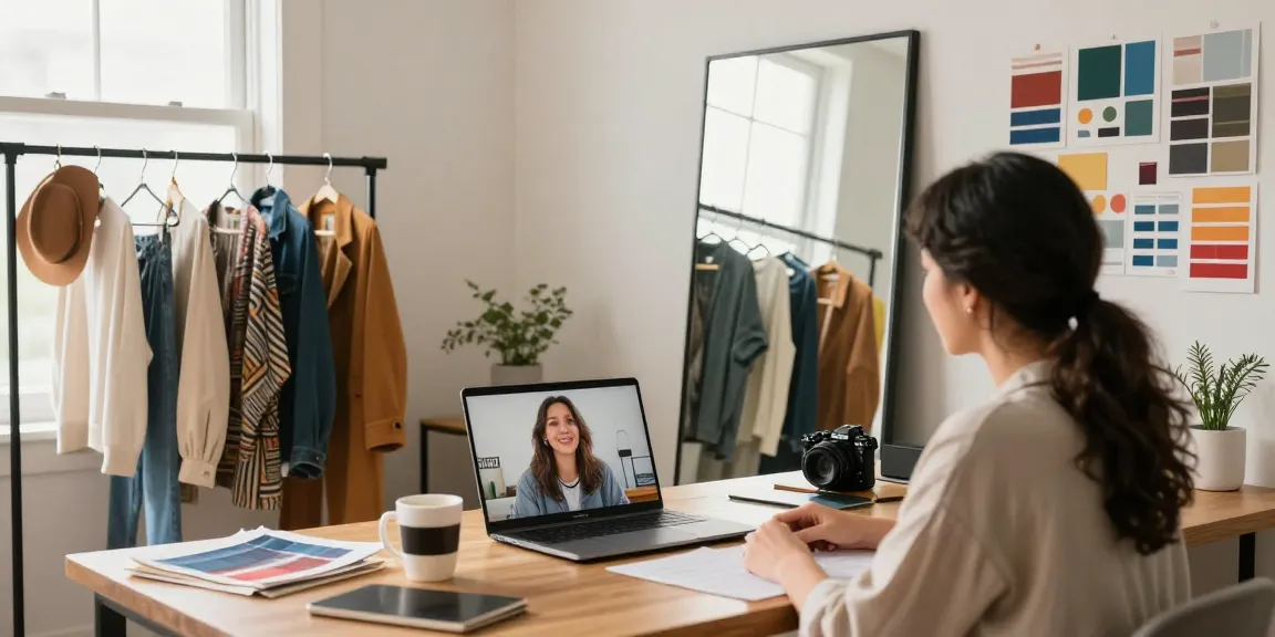 Consulenza d'immagine online con stylist in un ambiente accogliente, analisi di outfit e accessori.