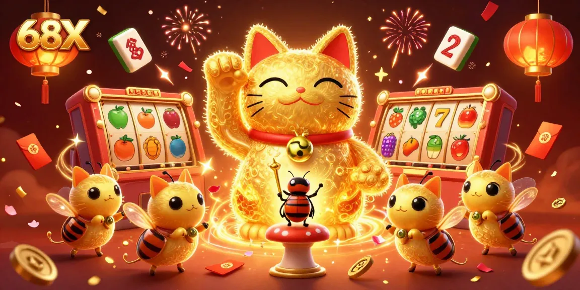 Atraia os melhores jackpots com a 68X e seu gato da sorte iluminado por fogos de artifício.