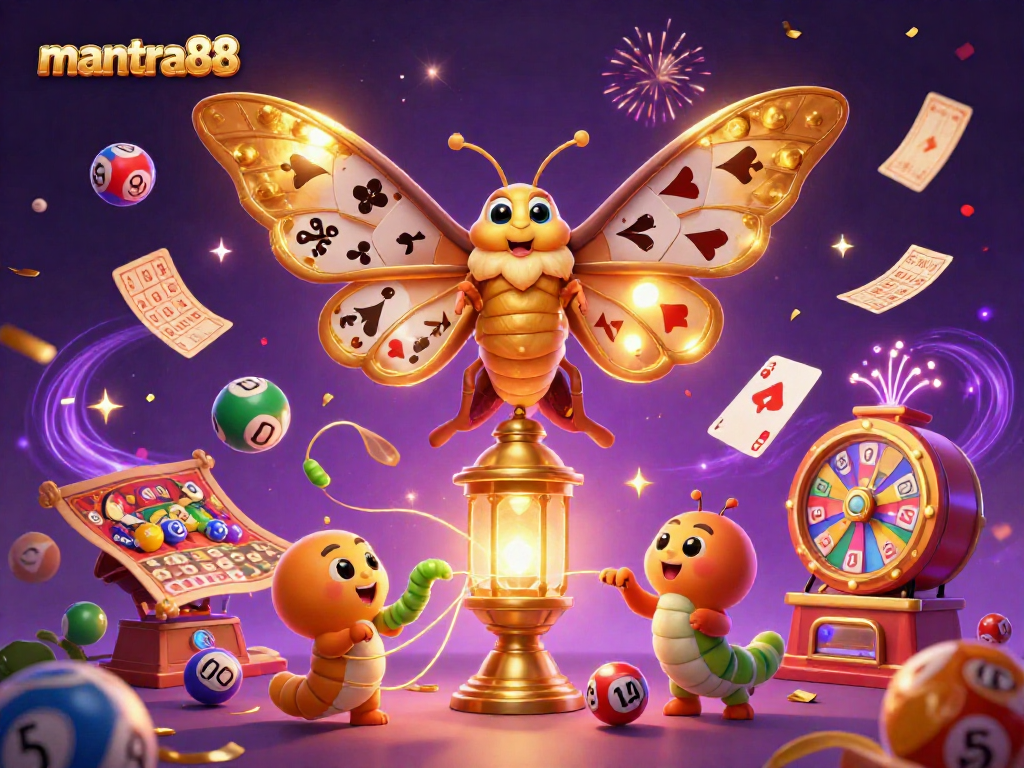 Experience mantra88 with vibrant lottery balls and golden casino themes in this dynamic illustration.