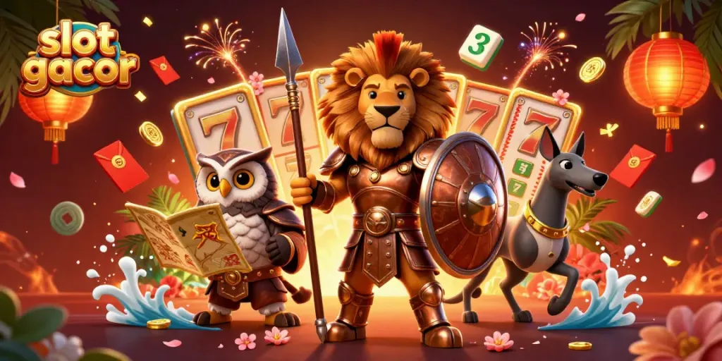 Experience the thrill of slot gacor games with a vibrant 3D illustration of a heroic lion and strategic owl.