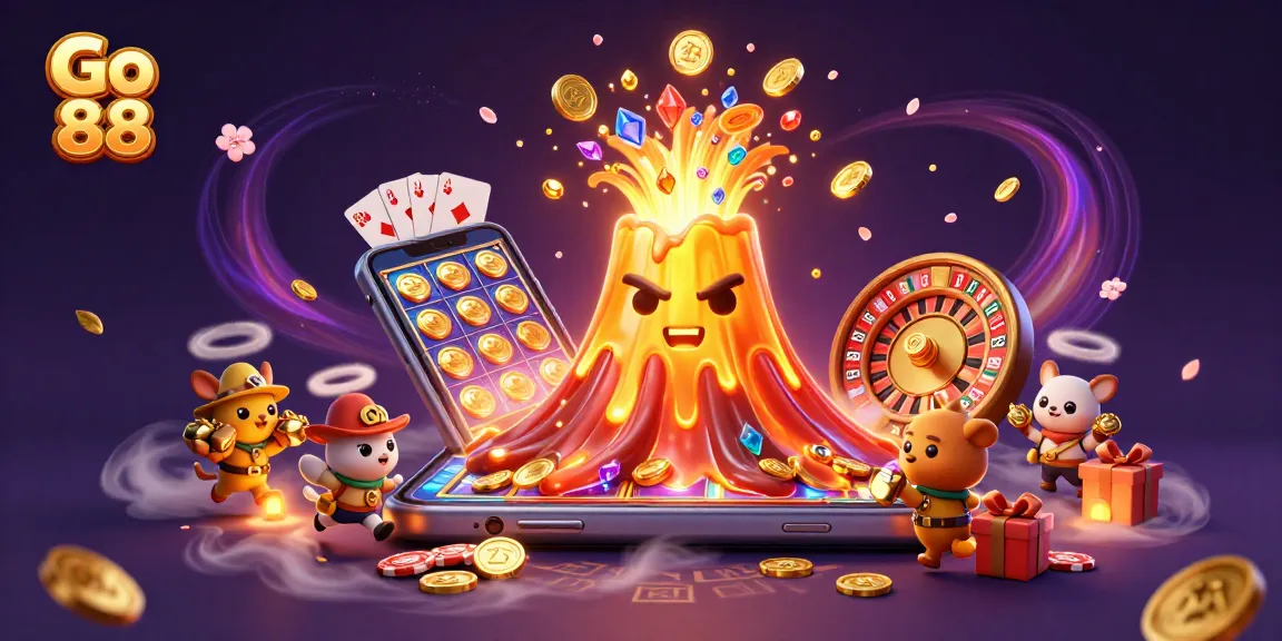Experience exciting wins with Go 88 in this vibrant 3D casino scene filled with treasure and gaming elements.
