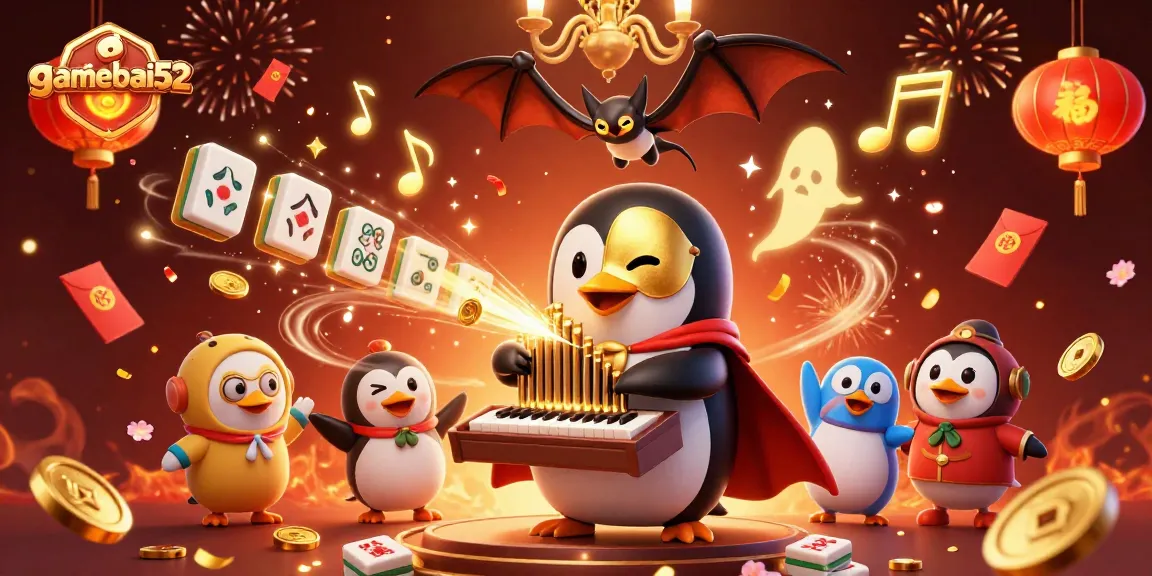 Experience thrilling gameplay with gamebai52's penguin dealing golden coins amid vibrant casino elements.