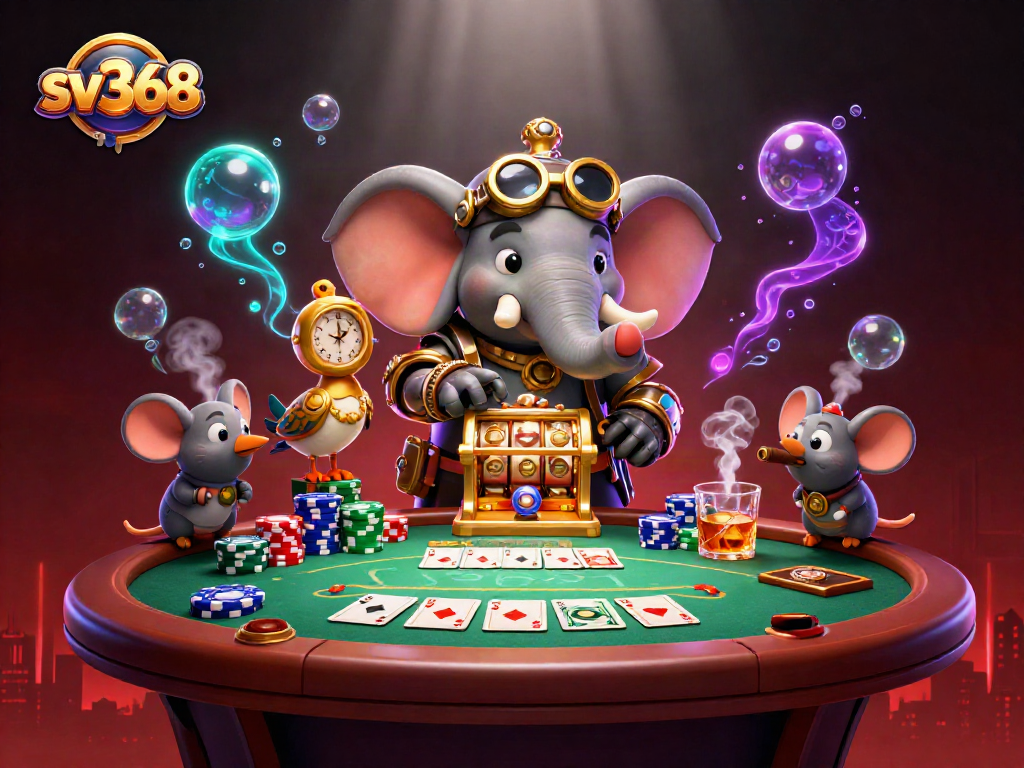 Bet on big wins with sv368's vibrant casino scene featuring steampunk characters and poker action