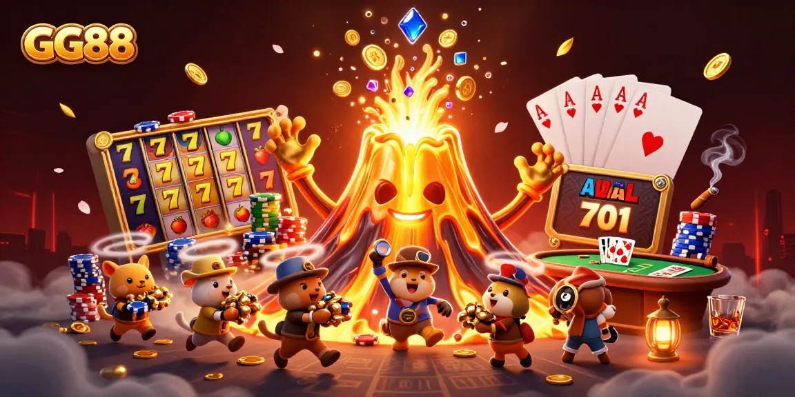 Experience the excitement of GG88 with a dynamic illustration of a treasure-filled 3D volcano in a vibrant casino scene.