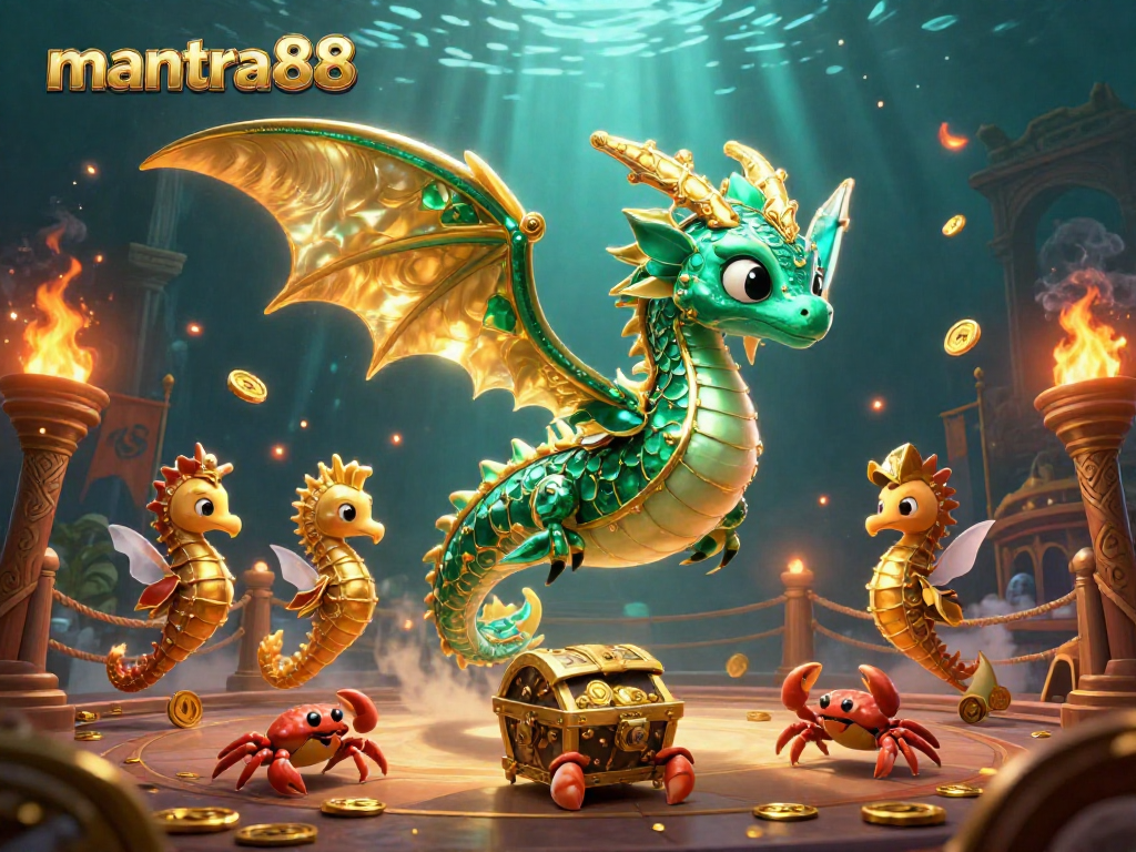 Experience excitement at mantra88 with a dazzling sea dragon guarding a treasure, surrounded by shimmering casino elements.