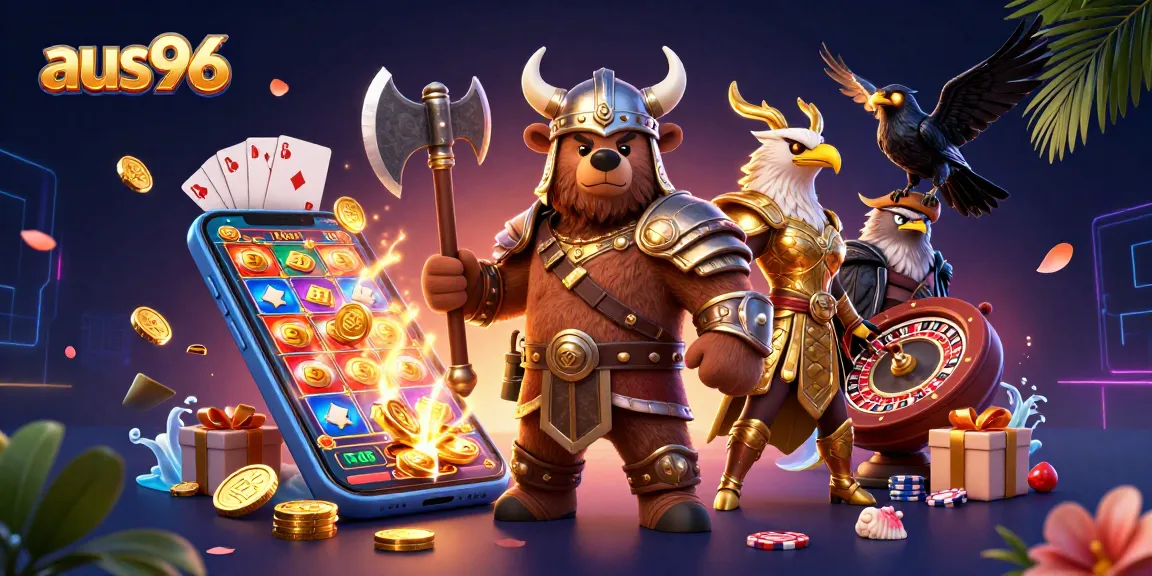 Experience exciting gaming with aus96 featuring a Viking bear and Valkyrie eagle in a vibrant casino scene.