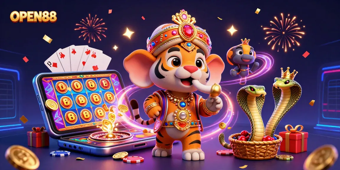 Spin thrilling slots at OPEN88, featuring a vibrant 3D scene with a majestic maharaja and casino games.