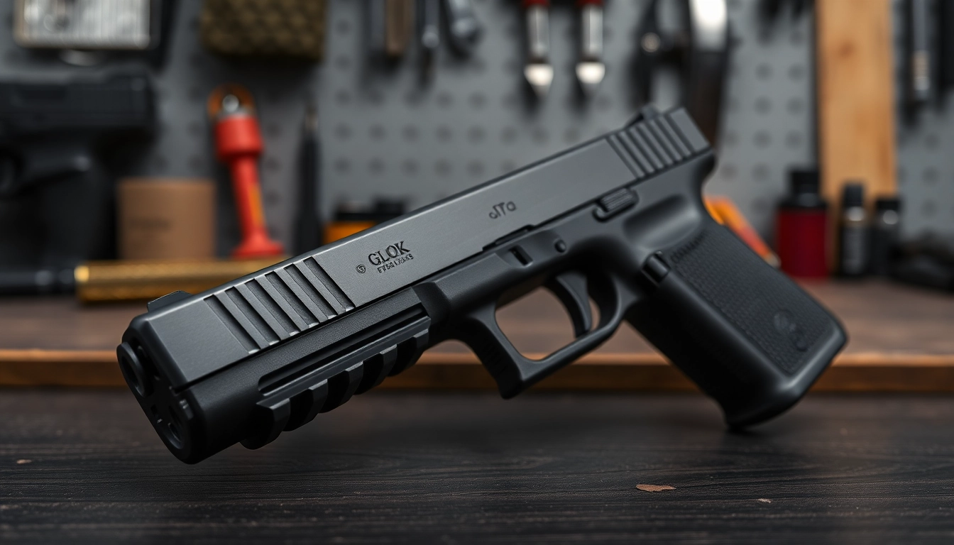 Explore glock 17 slides with intricate detailing on a dark background, emphasizing precision.