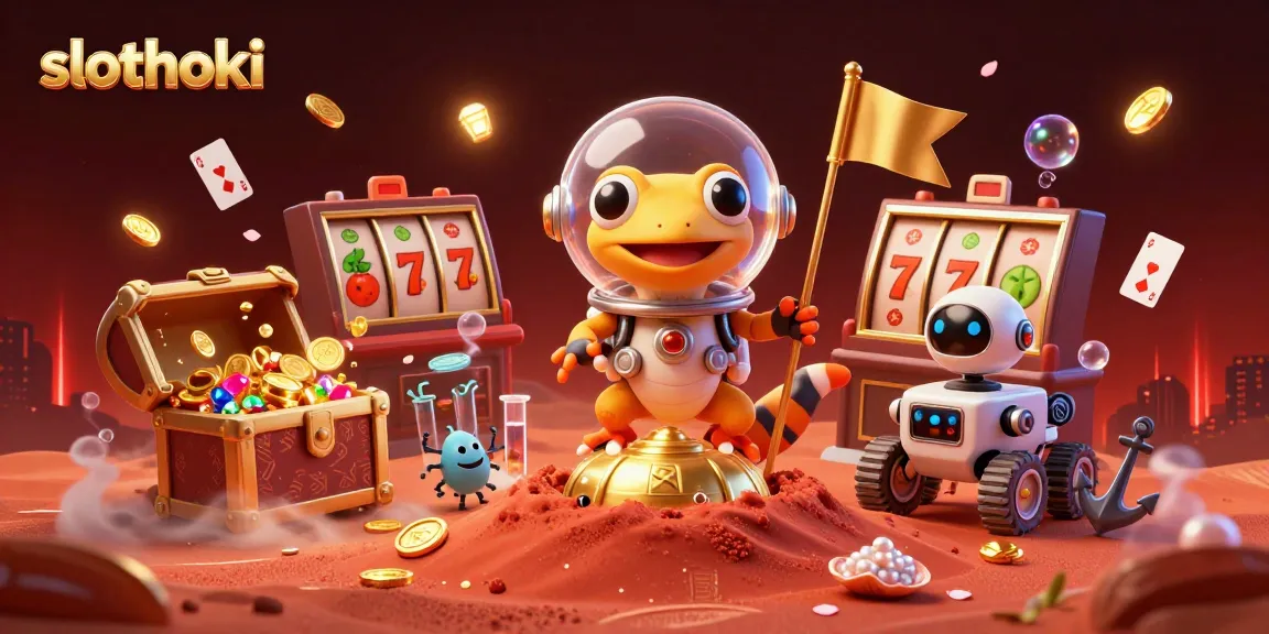 Permainan slothoki dengan gecko Martian dan robot di kasino emas, penuh simbol slot.