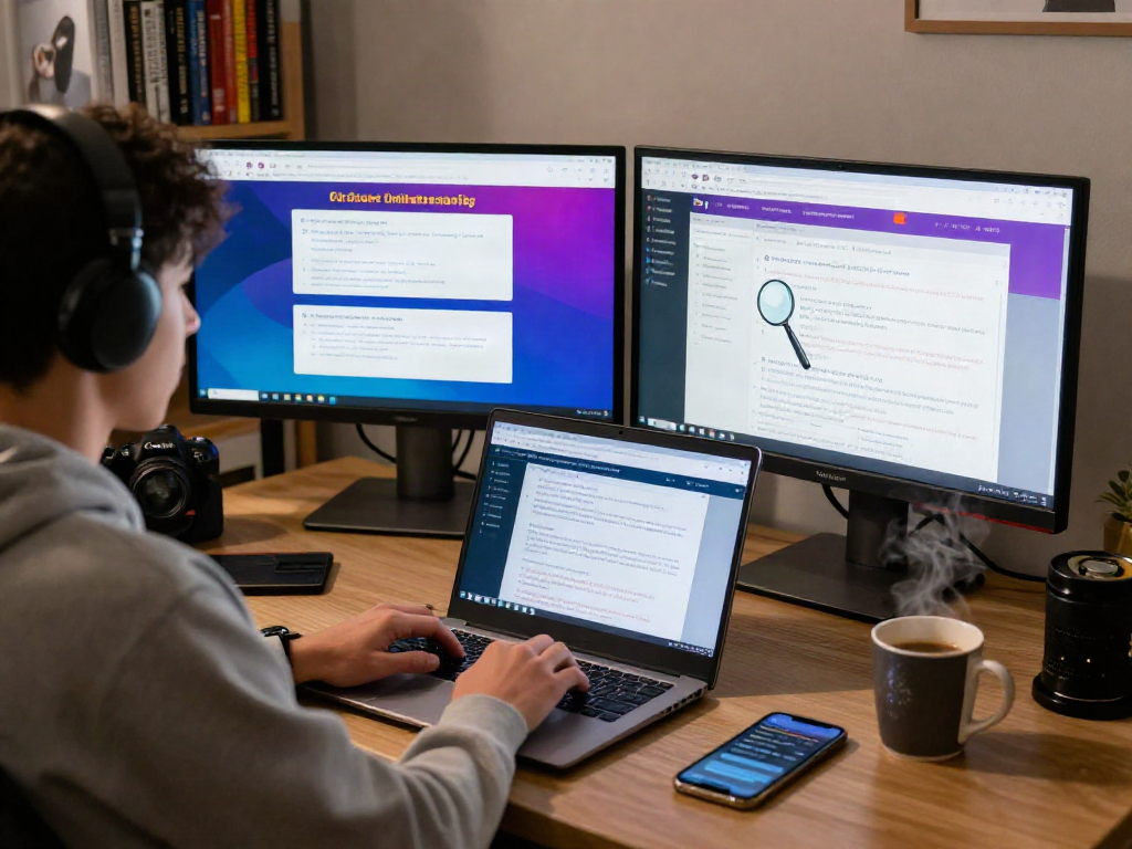 Researching 먹튀검증 safety tips in a cozy home office with gaming tools and vibrant discussions.