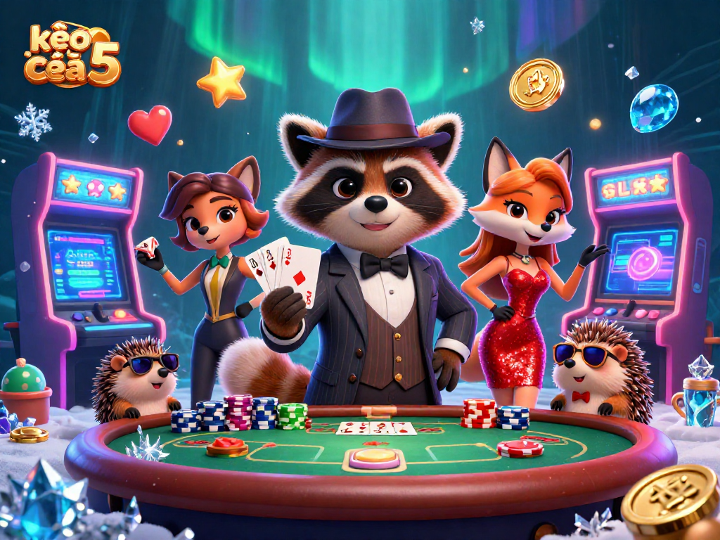 Bet on kèo nhà cái 5 with suave characters in an exciting poker scene full of vibrant casino elements.