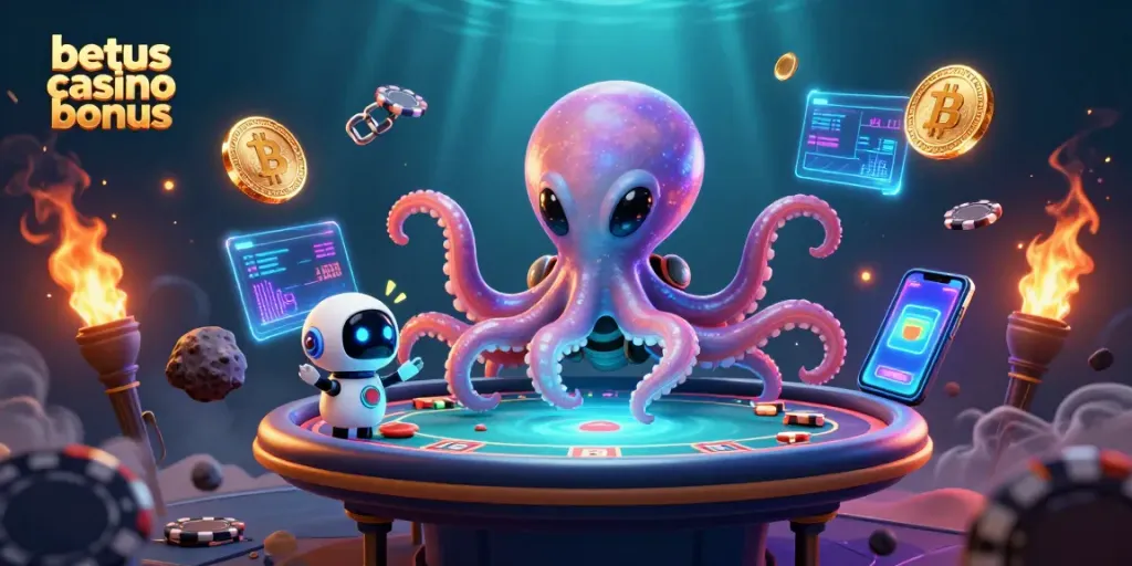 Experience the betus casino bonus with an alien octopus at a holographic poker table.