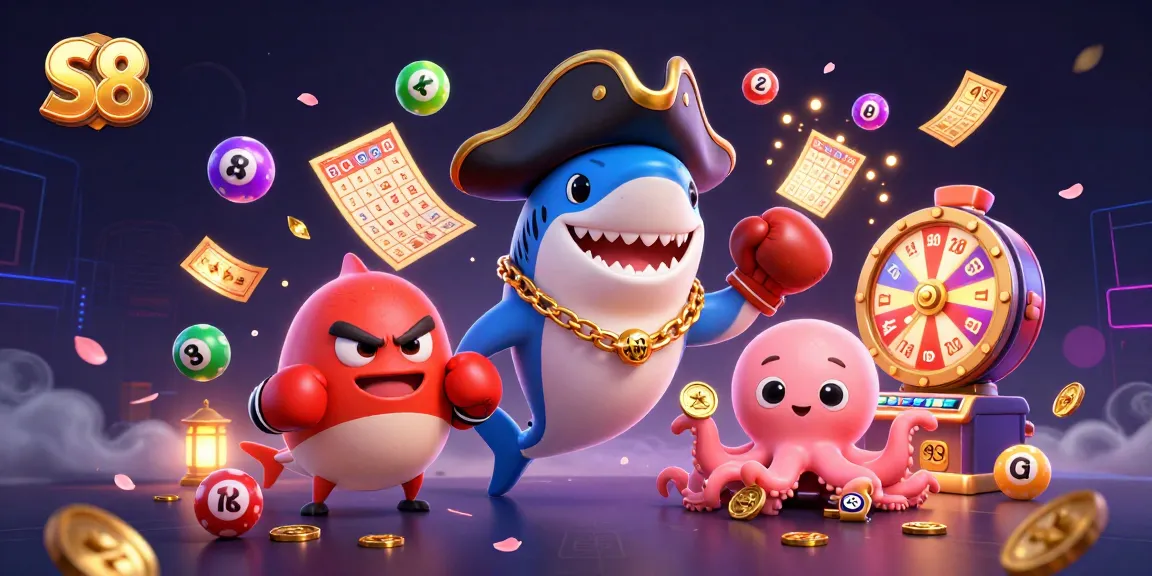 S8 engages players with vibrant lottery elements and dynamic characters in an exciting 3D casino illustration.