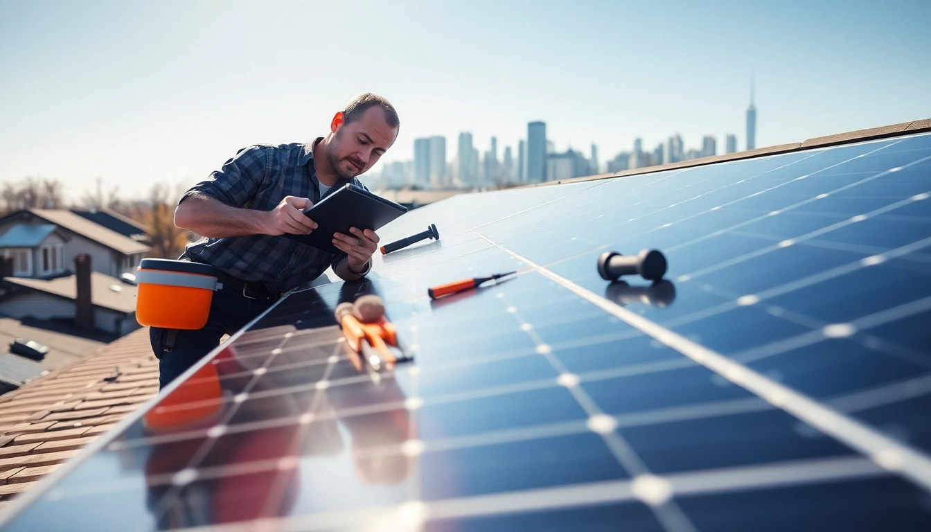 Technician assessing solar panels highlighting solar repair company New Jersey expertise.